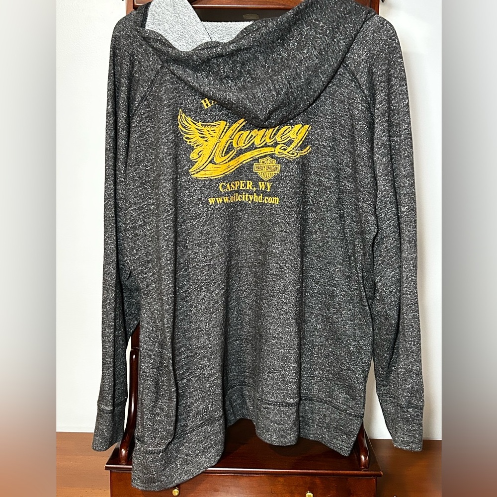 Harley-Davidson Women’s XXL Heather Gray Yellow Hoodie Graphic V Neck Sweatshirt - Picture 6 of 6
